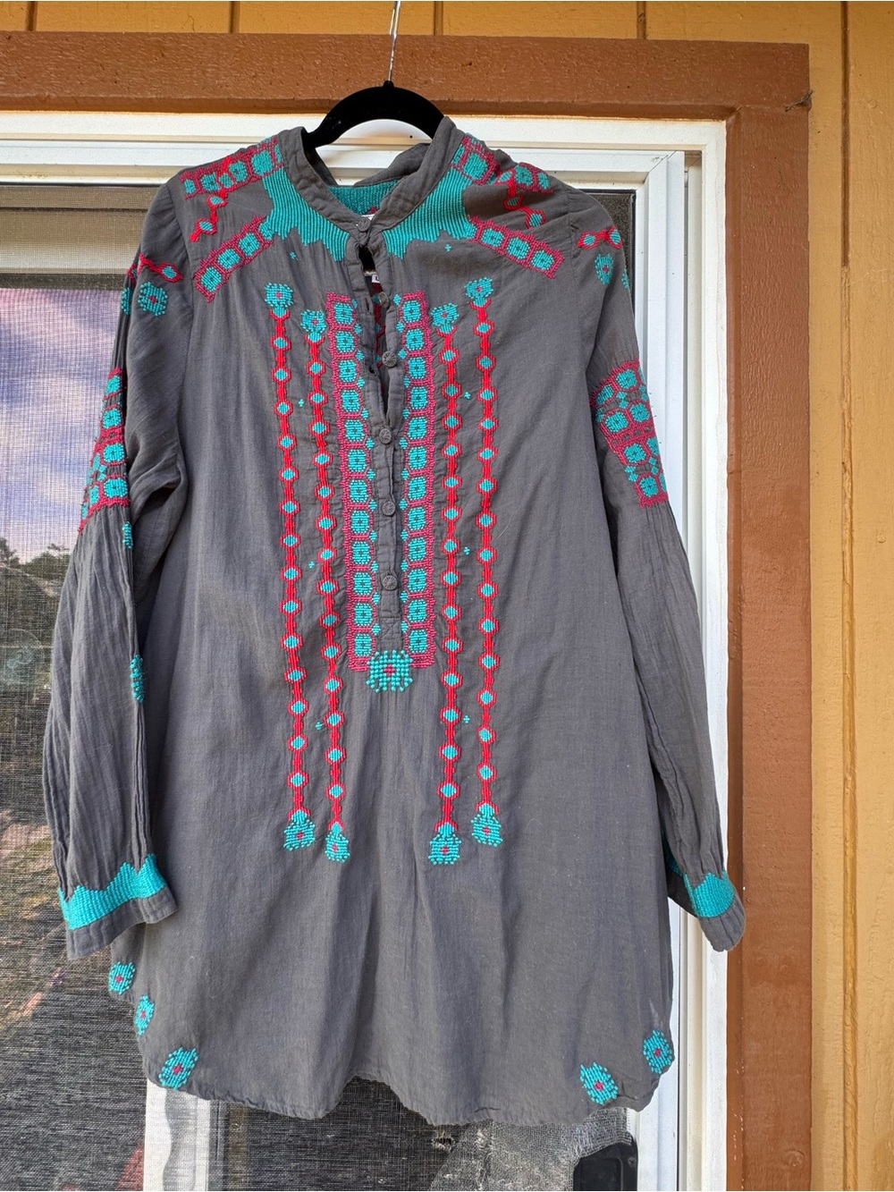 Biya Gray Embroidered Tunic with Turquoise & Red Accents